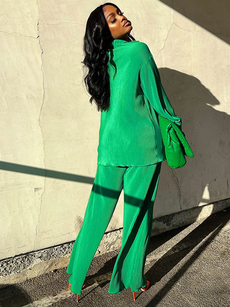 Dos piezas plisadas de manga larga y pantalones largos