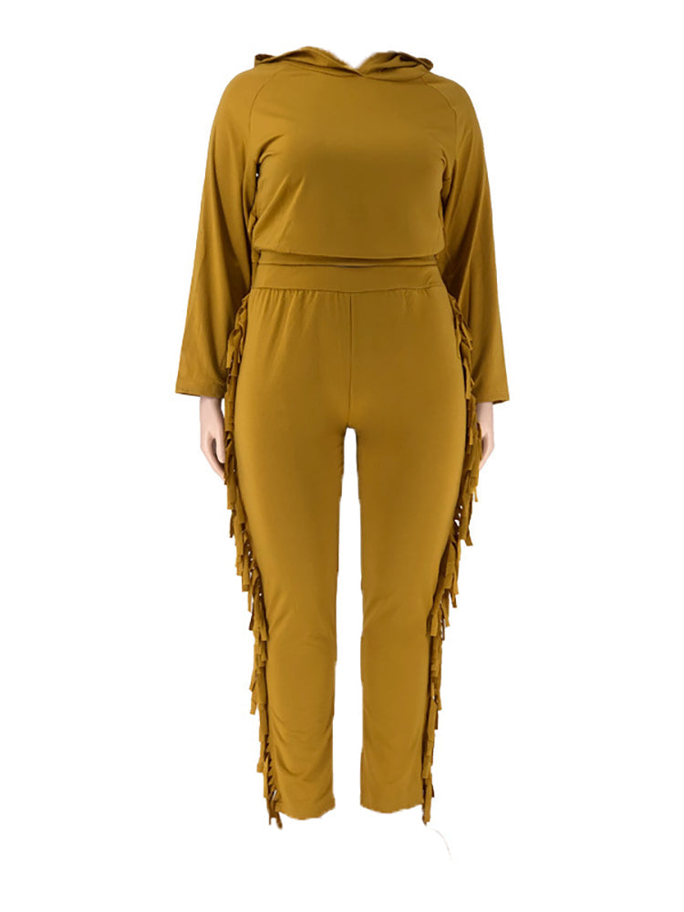 Two Pieces Plus Size Fringe Hooded Tracksuit