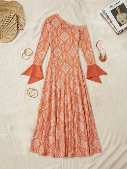 Boho Asymmetric Neck Geometric Maxi Dress