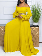 Off-Shoulder Ruffle Pleated Wide Leg Jumpsuit