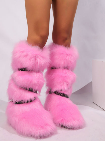 Y2K Faux Fur Cross Strap Buckle Boots