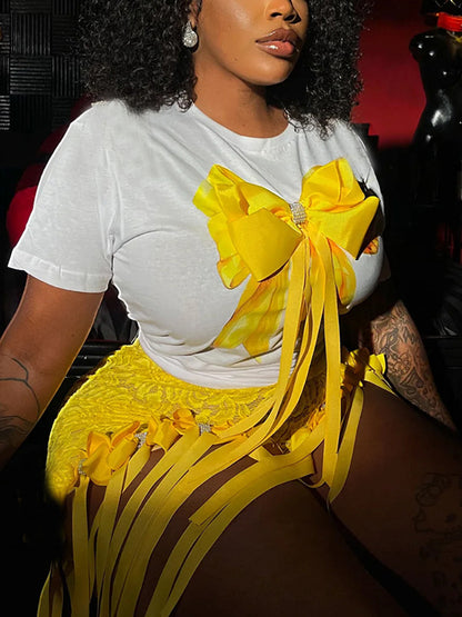 3D Butterfly Print Loose Top & Lace Shorts Set