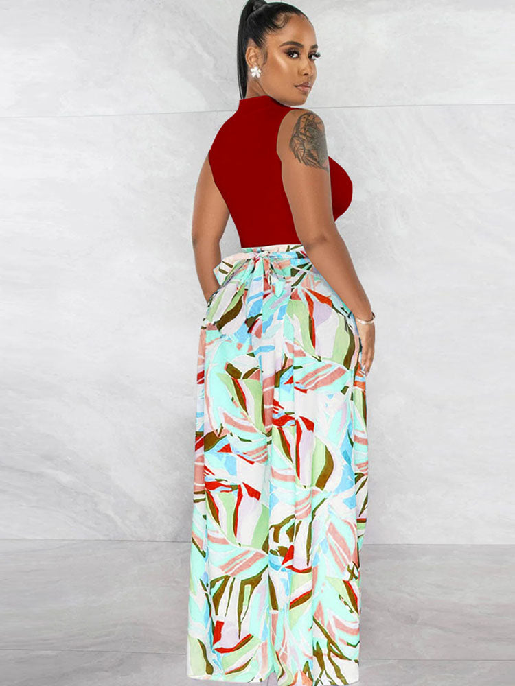 Tops cortos de dos piezas Pantalones largos con estampado floral