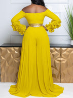Off-Shoulder Ruffle Pleated Wide Leg Jumpsuit
