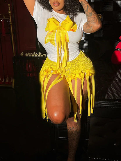 3D Butterfly Print Loose Top & Lace Shorts Set