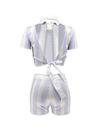 Two Piece Short Sleeve Striped Crop Top Shorts