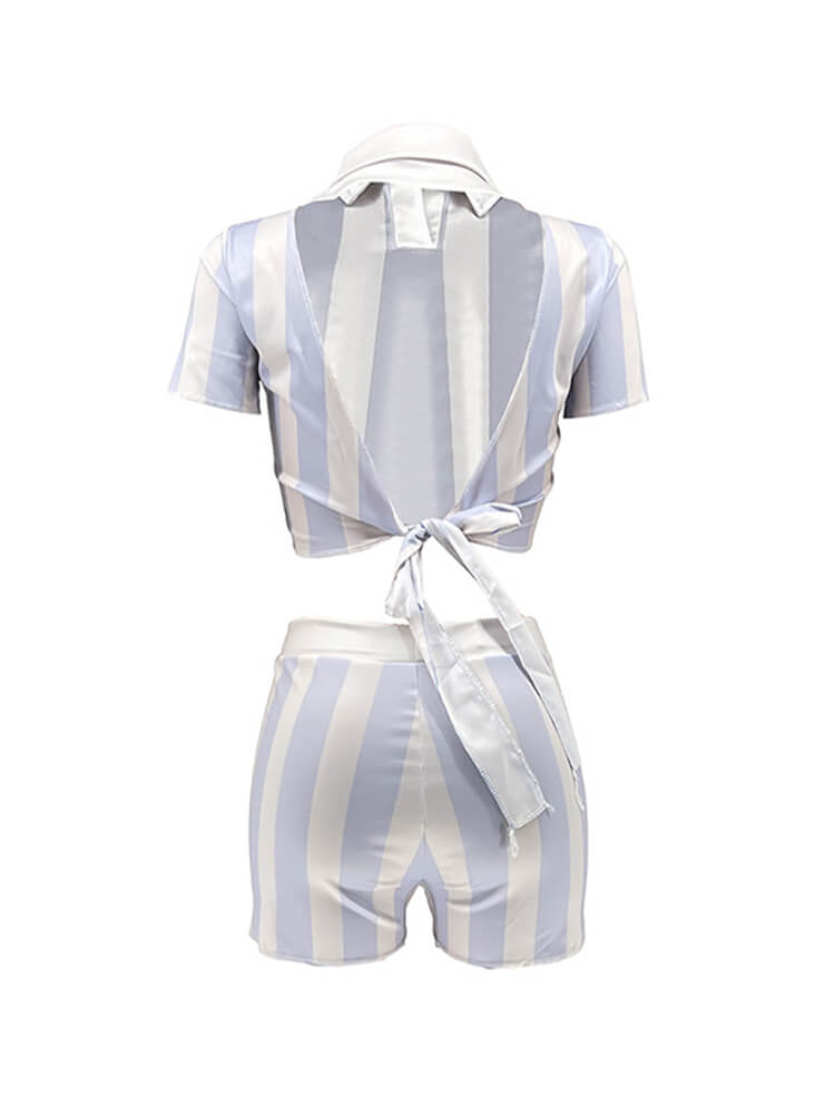 Tops cortos y pantalones cortos a rayas de manga corta de dos piezas