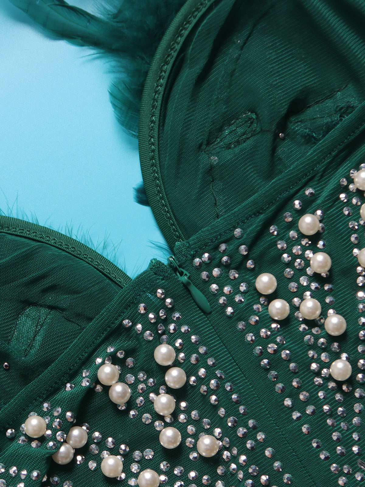 Feather Rhinestone Strapless Mini Dress