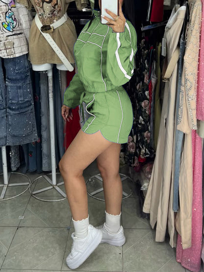 Zipper Colorblock Long Sleeve Shorts Set