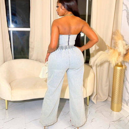 Conjunto de pantalón largo y top corto sin tirantes de mezclilla