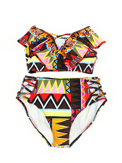 Two Piece Off Shoulder Print Swimsuit