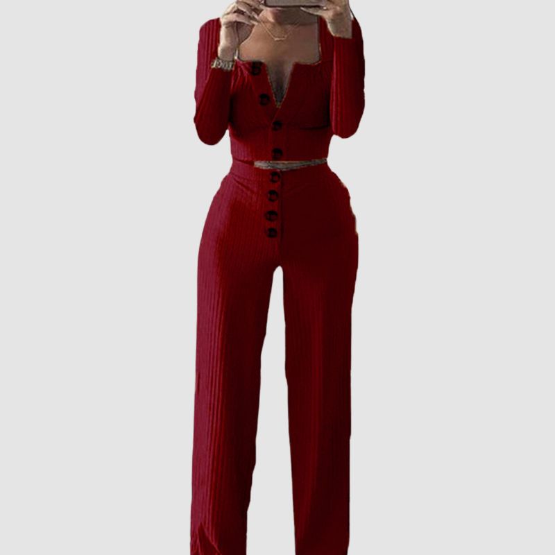 Conjunto de pantalón de pierna ancha y top con cuello cuadrado abotonado