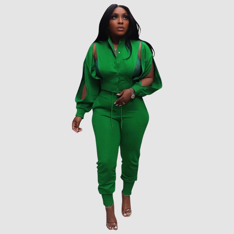 Conjunto de pantalón con cordón y top ahuecado con solapa