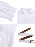 Solid Color V-Neck Pleated Dress with Belt