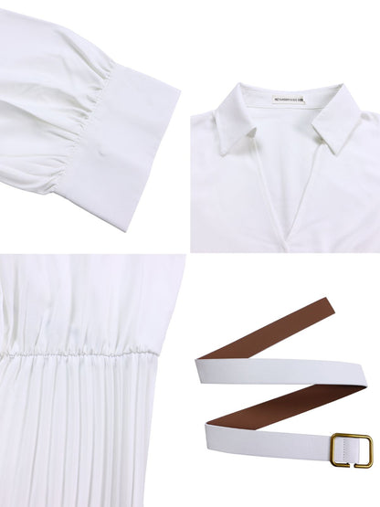 Vestido plisado con cuello en V de color liso con cinturón 