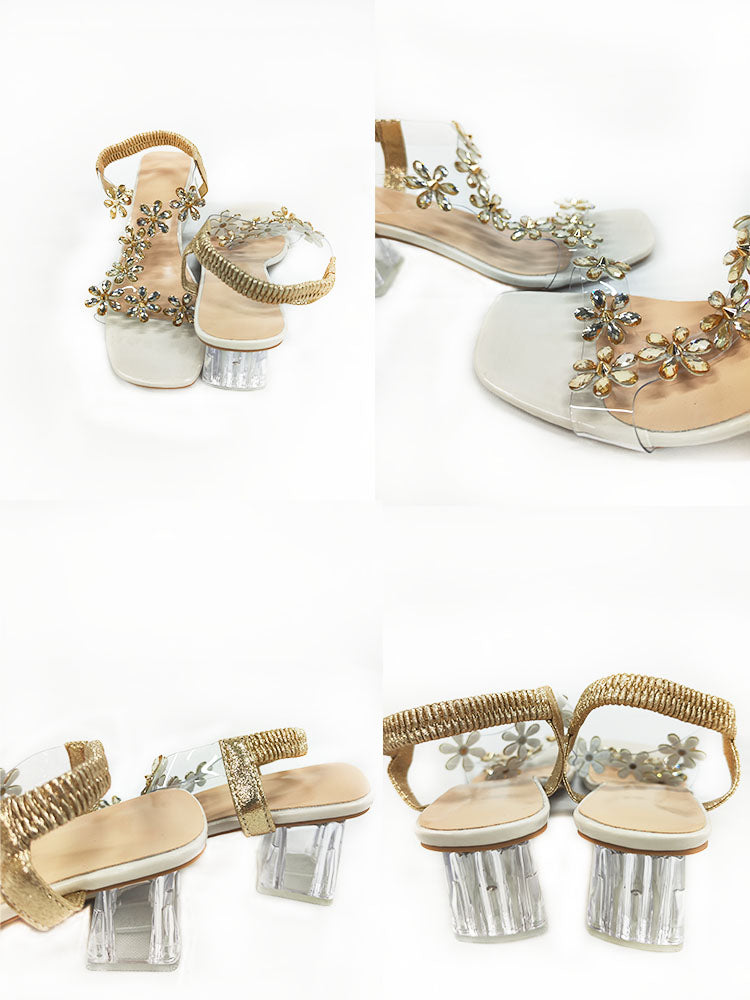 Tacones gruesos con punta abierta y retazos de diamantes de imitación