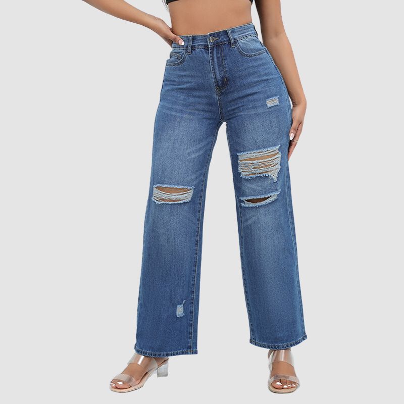 Jeans anchos con cintura alta y rotos