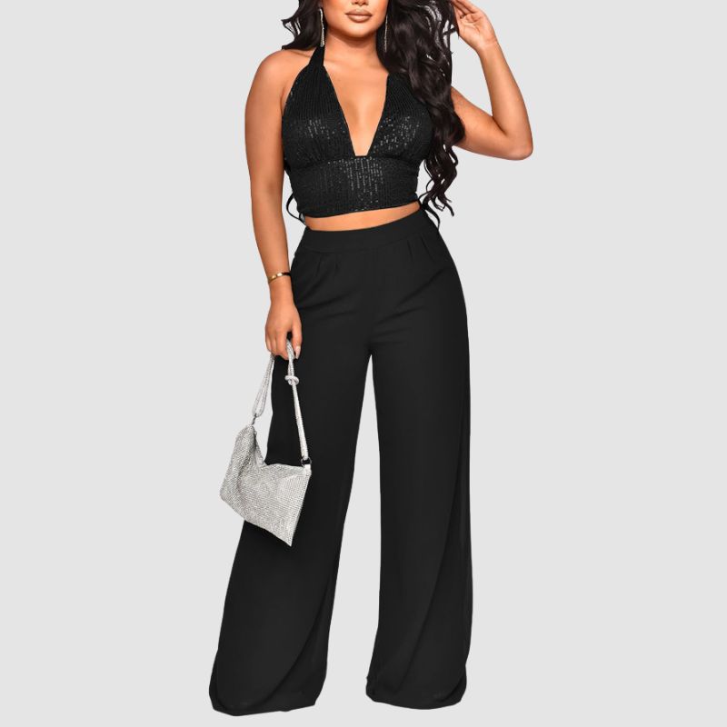 Conjunto de chaleco halter con lentejuelas y pantalones rectos de cintura alta