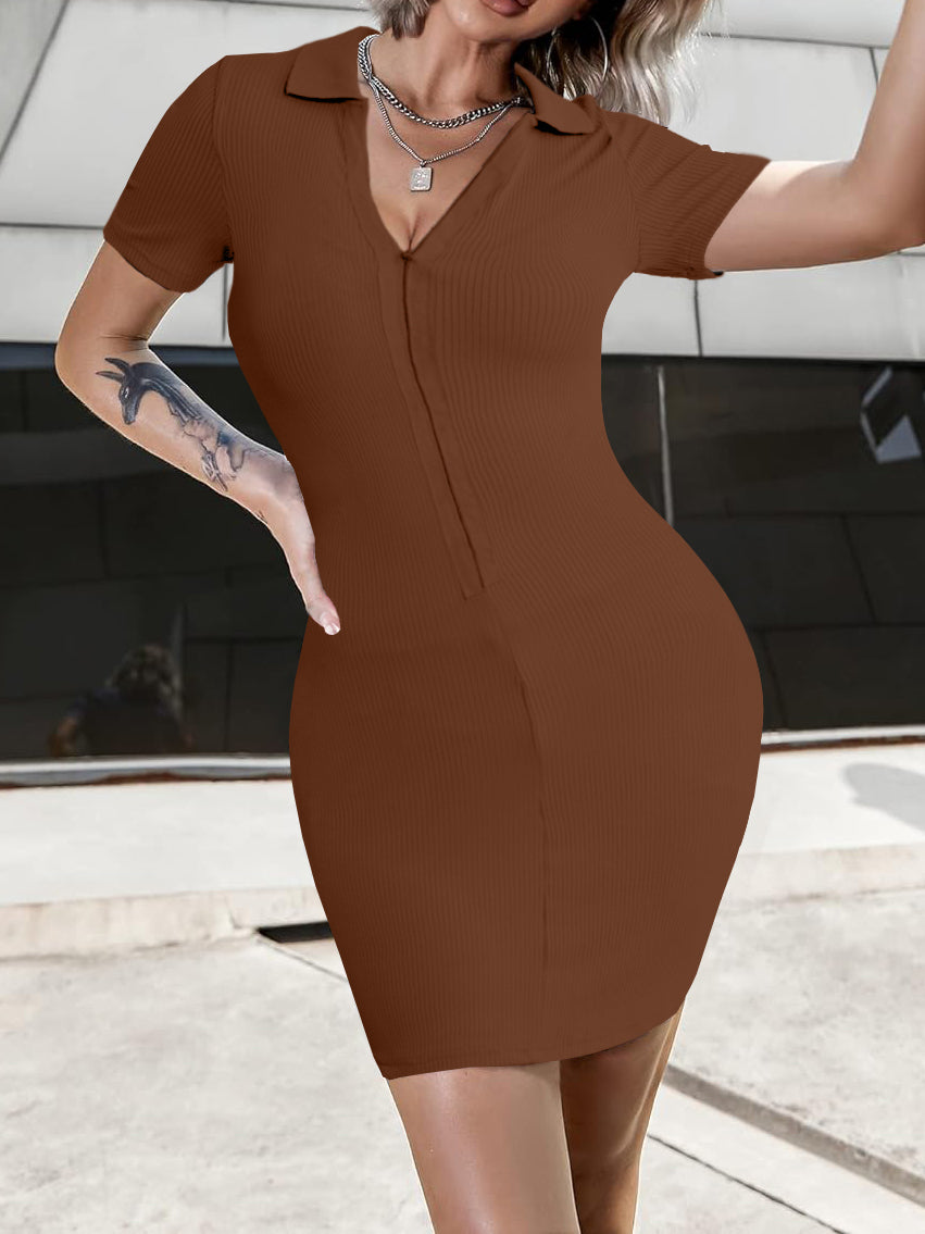 V-Neck Ribbed Striped Zipper Solid Color Mini Dress
