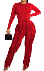 Two Piece Long Sleeve Top Tassel Pants