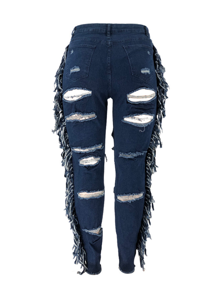 Plus Size Fringe Ripped Cutout Denim Jeans