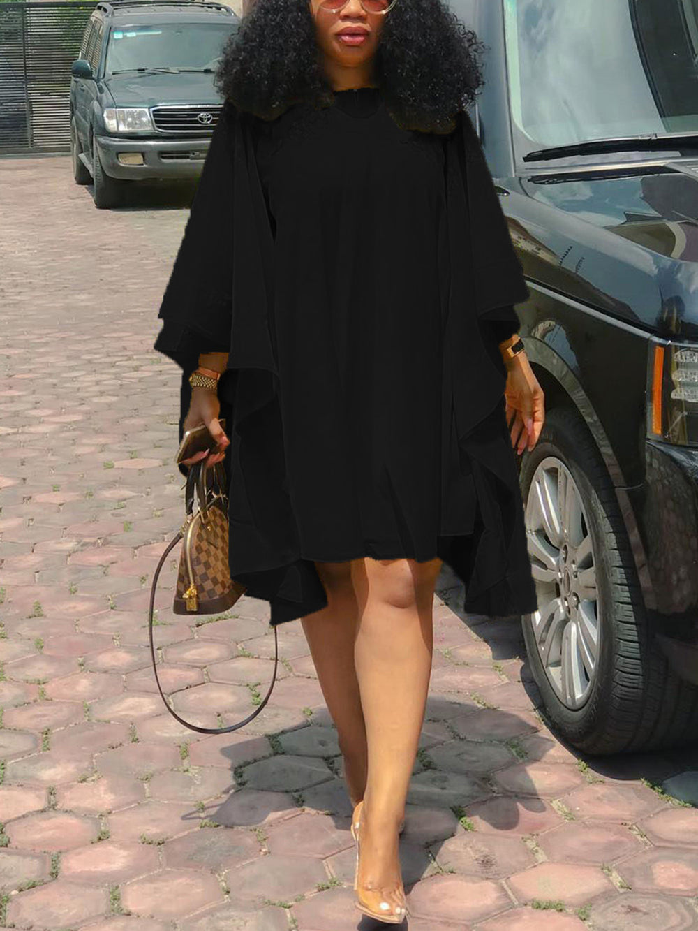 Plus Size Batwing Sleeve Ruffle Midi Dress