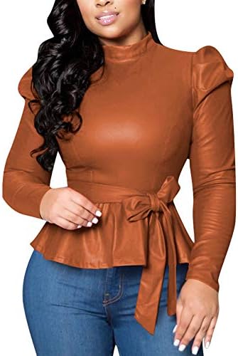 Neck Turtleneck Long Sleeve Faux Leather Tops