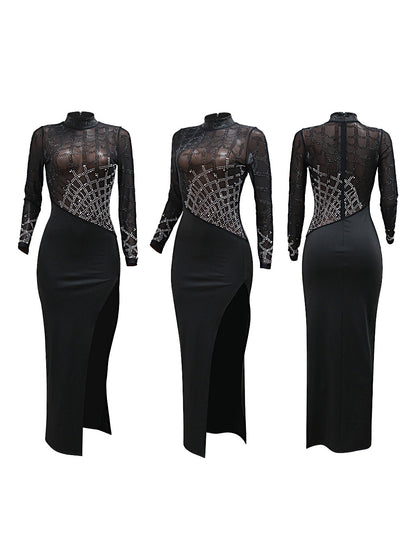 Rhinestone Mesh Maxi Split Dress