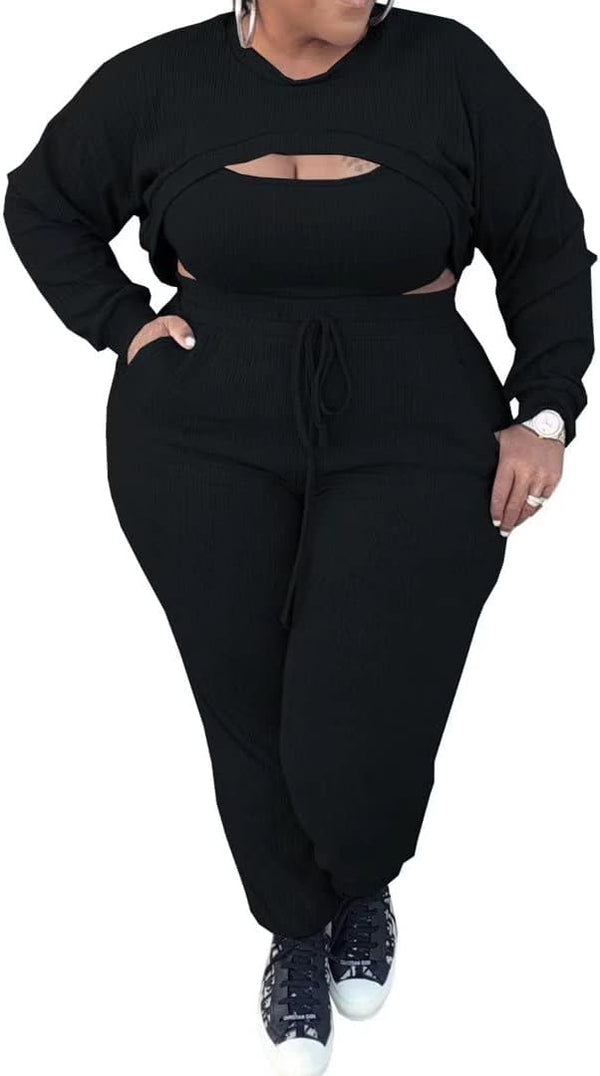 Plus Size Three Piece Ribbed Top & Pant Suits