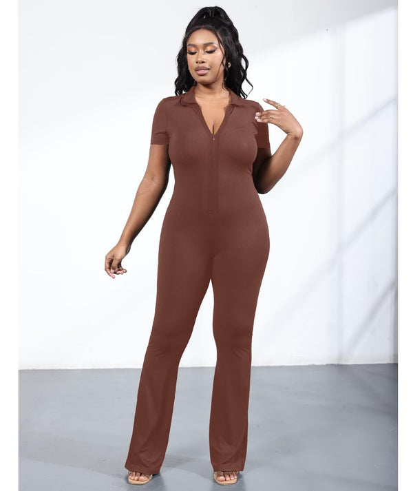 Ribbed Knit Zipper Solid Color Jumpsuit