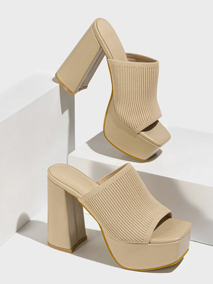 Peep-Toe Knit Platform Heels Slides