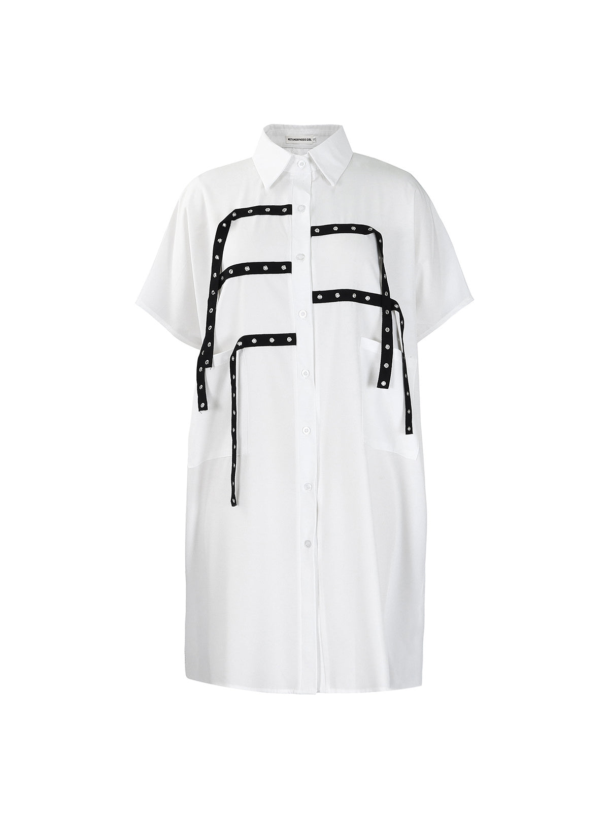 Studded Trim Oversized Shirt Midi Dress