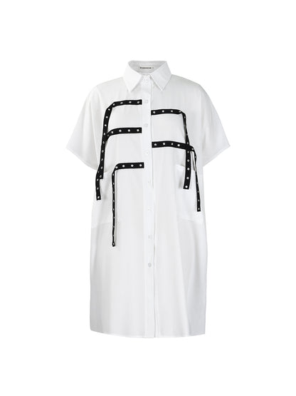 Studded Trim Oversized Shirt Midi Dress