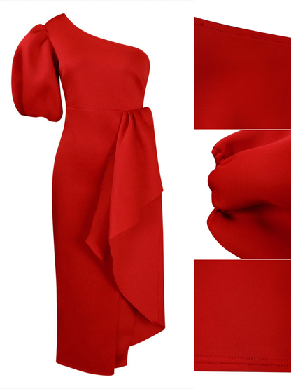 Vestido con abertura y volantes, manga abullonada y un hombro 