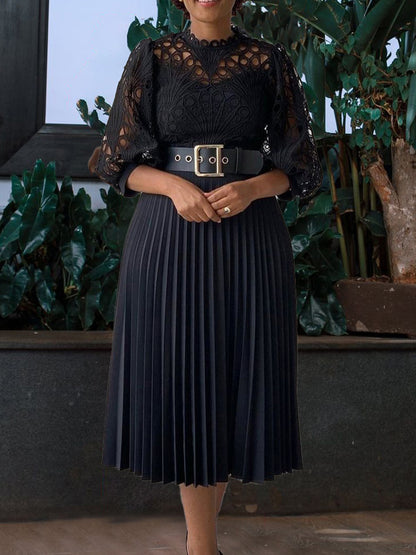Plus Size Lace Hollow Out Pleated Dress