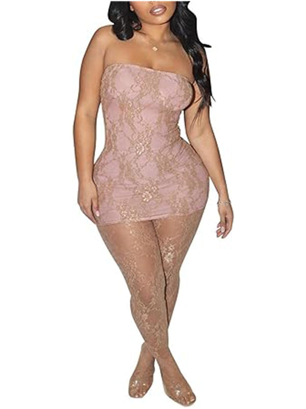 Two Piece Lace Mini Dress Top & Stockings Set