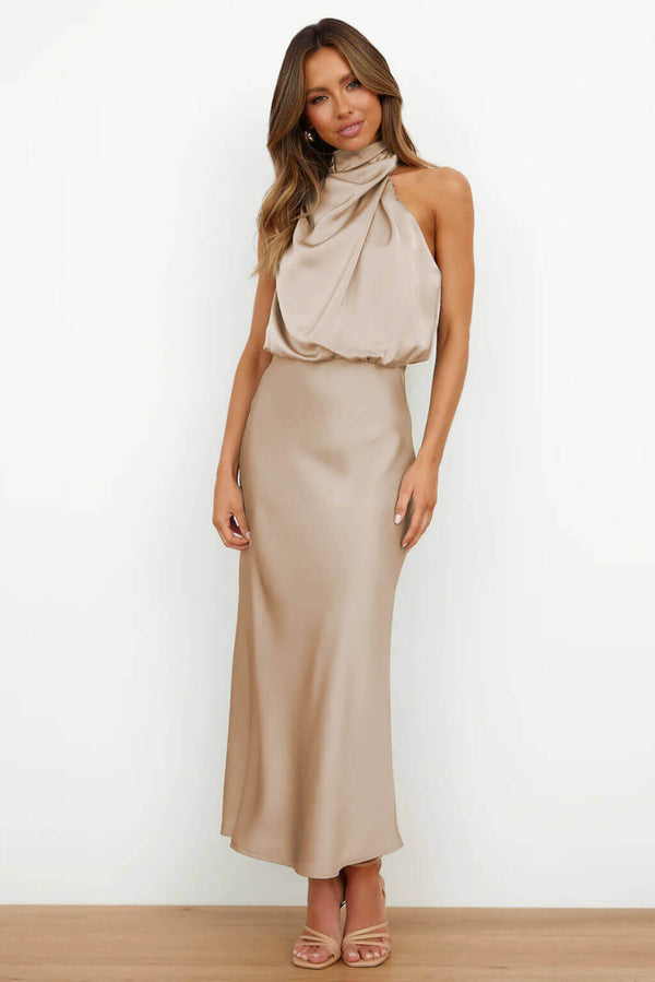 Stain Sleeveless Ruched Tie Waist Maxi Dress