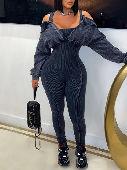 Off Shoulder Long Sleeve Ribbed Jumpsuit