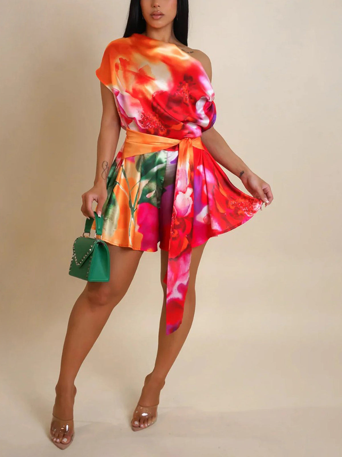 Asymmetric Tie Dye Cutout Romper