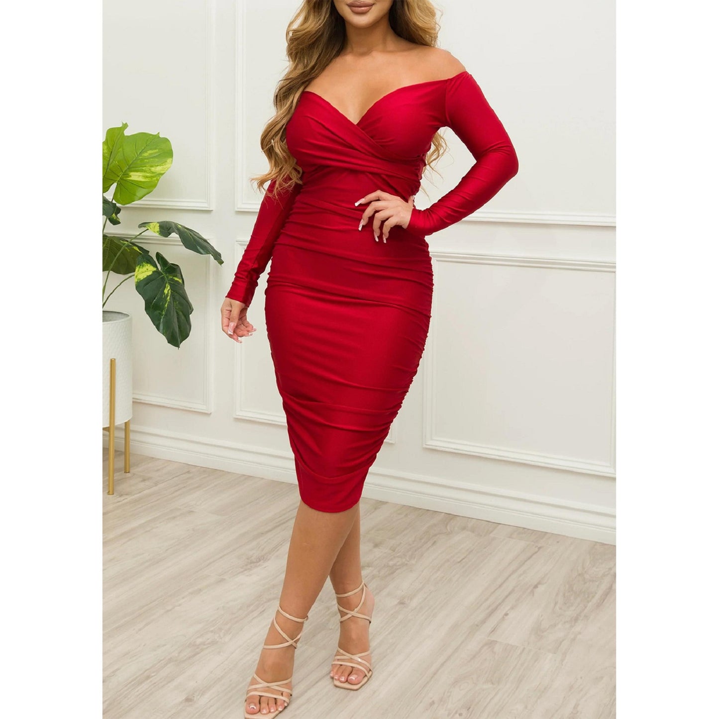 Off Shoulder Ruched Bodycon Midi Dress
