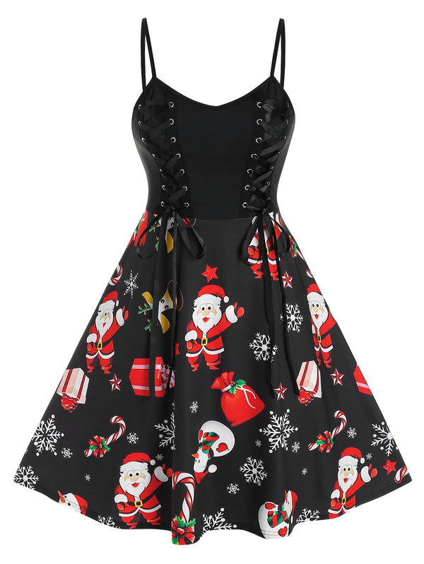 Plus Size Christmas Santa Claus Snowflake Lace-up A Line Dress