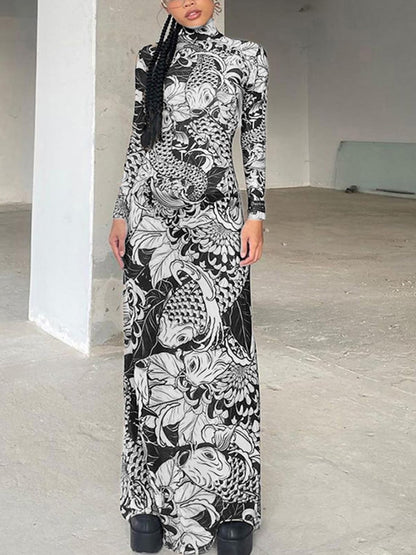 Mock Neck Mesh Print Maxi Dress