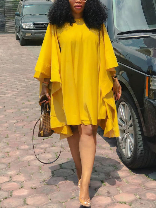 Plus Size Batwing Sleeve Ruffle Midi Dress