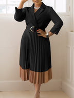 Belted Color-Block Pleated Blazer Midi Dress