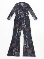 Two Piece Mesh Print Shirt Pants Set