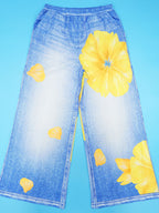 Floral Butterfly Print Wide Leg Jeans