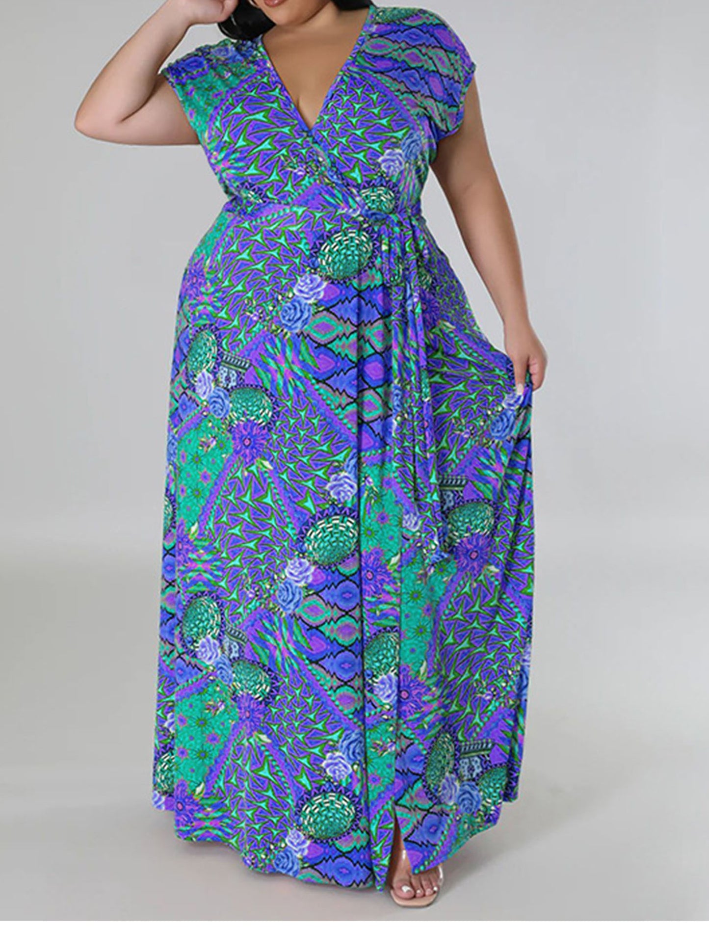 Plus Size Floral Print Split Maxi Dress