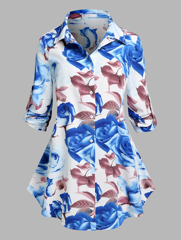 Plus Size Roll Up Sleeve Floral Print Shirt