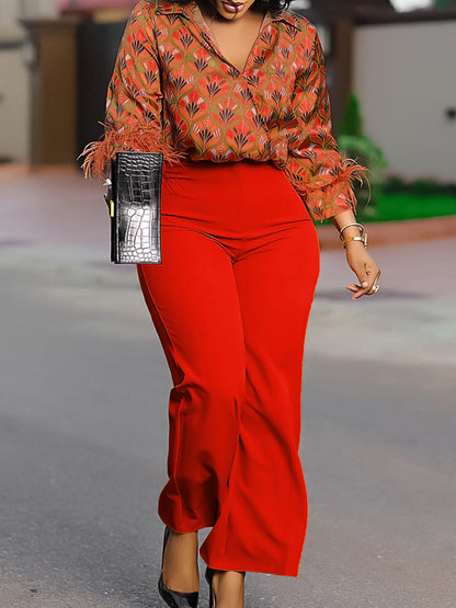 Printed Long Sleeve Shirt & Wide-Leg Pants