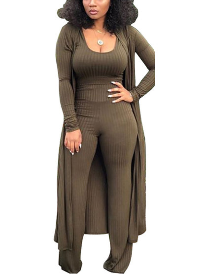 Conjunto de tres piezas Crop Top+Cárdigan largo tipo kimono+Pantalones